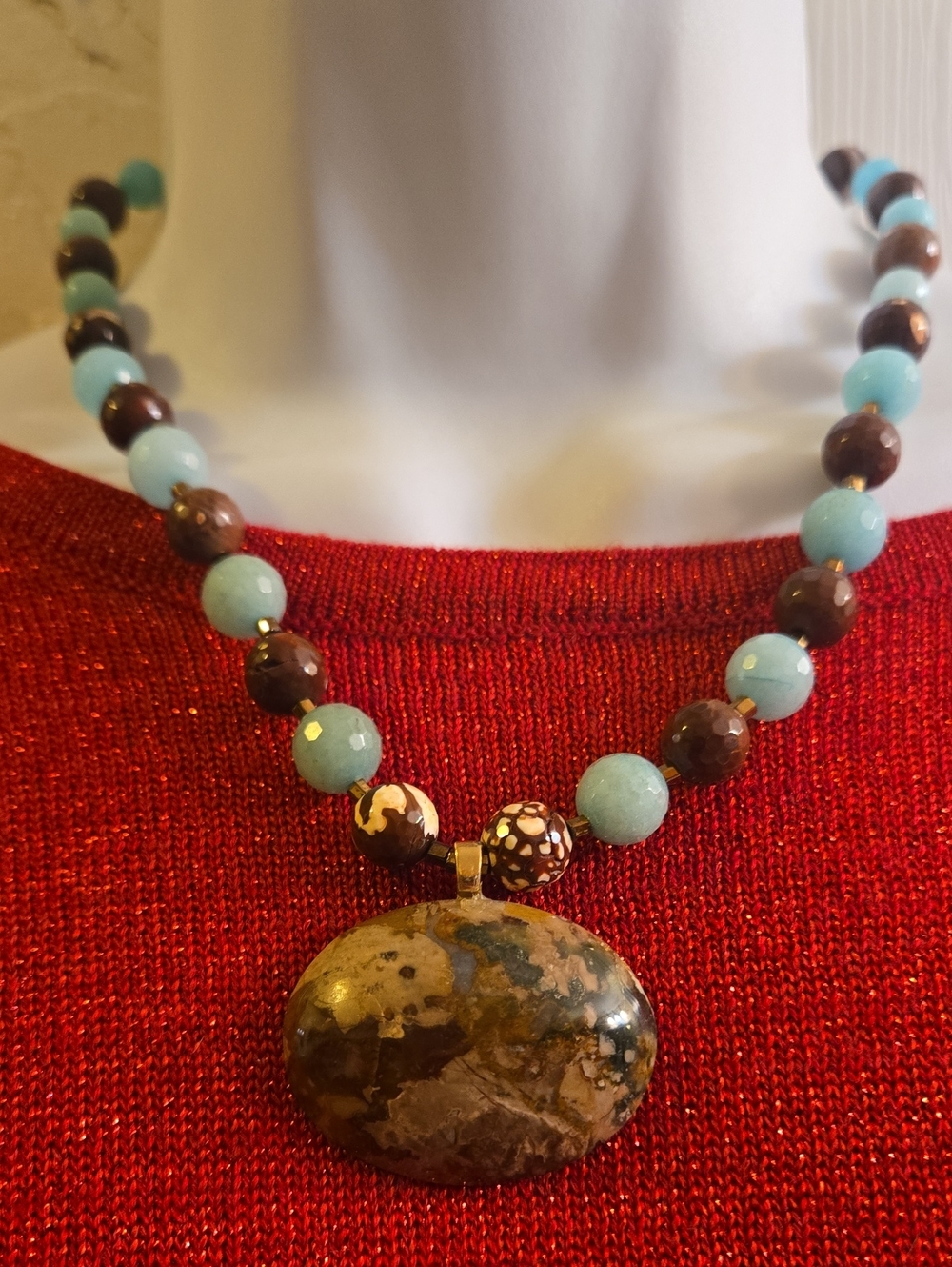 Brown and Aqua Beaded Pendant Necklace